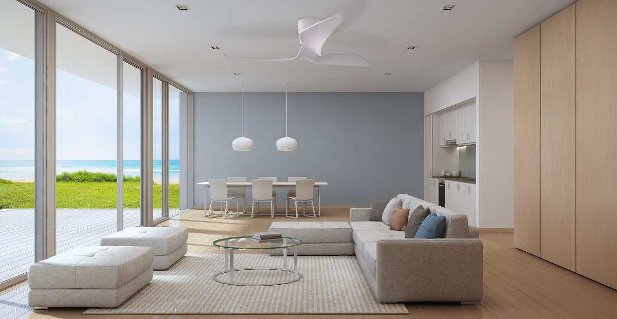 FR3 Ceiling Fan white living room with a view | Aeratron Ceiling Fans
